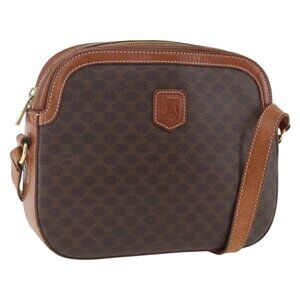 Authentic CELINE Macadam Canvas Shoulder Bag PVC Leather Brown Gold